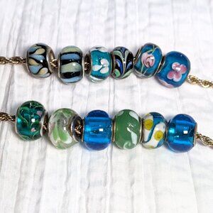 Twelve blue and green, Murano Glass Beads, Fits Pandora
